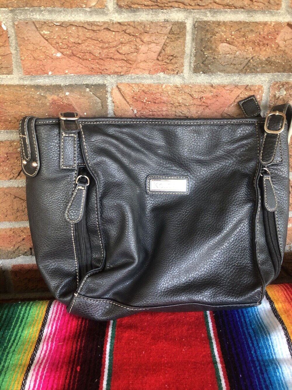 KOLTOV Black Leather Purse Adjustable Straps Zipper Storage